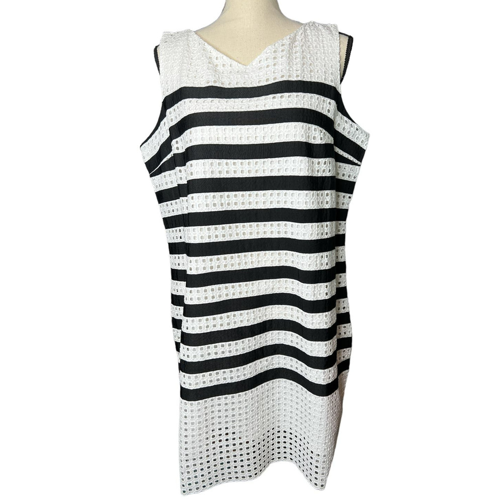 Lands' End Shift Dress in White Lace with Black Stripes Fully Lined Size 16P